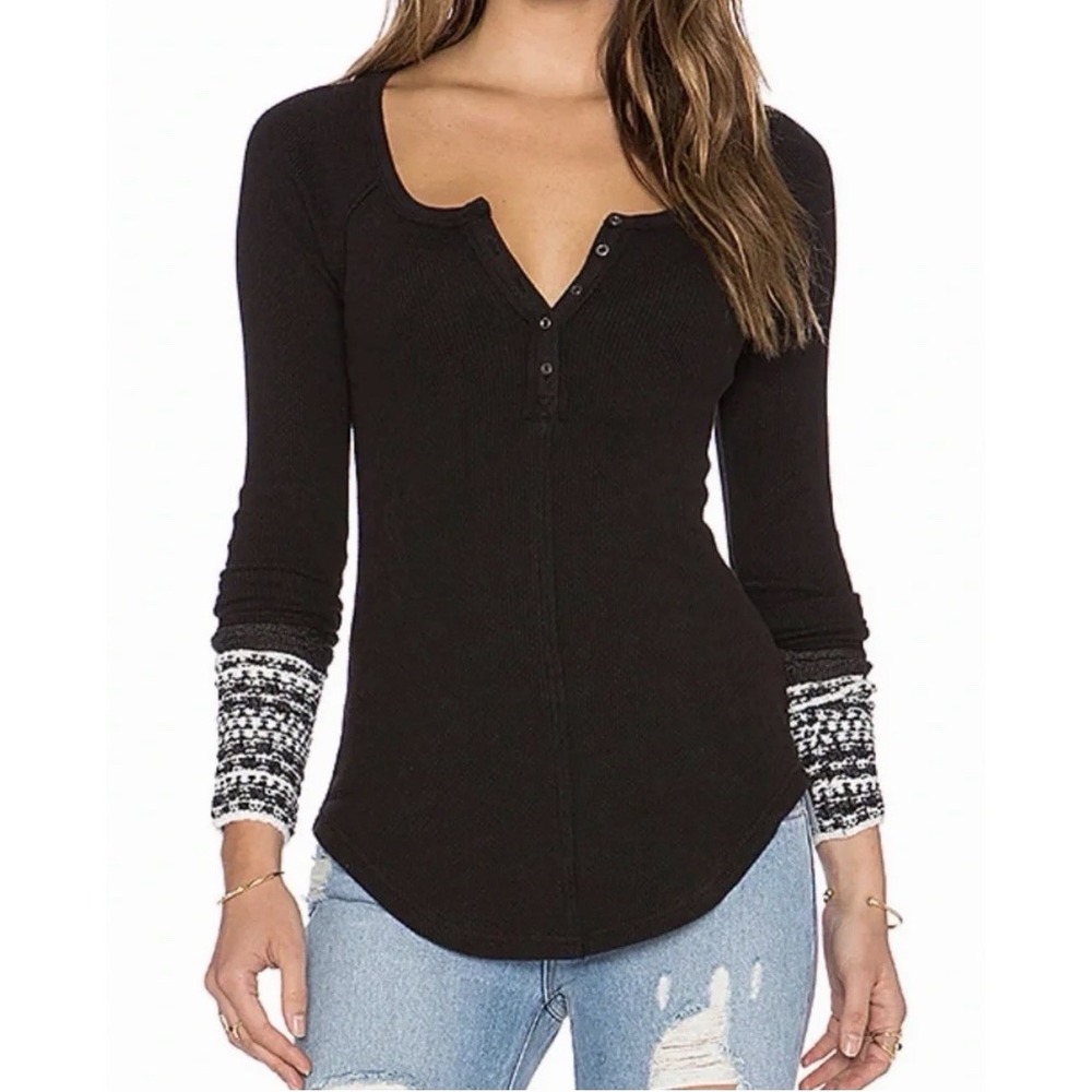 Free People Thermal Top Women XS Black Henley Knit Long Sleeve Boho Grunge Cuffs